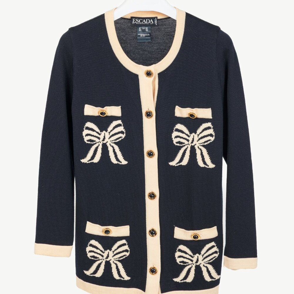 Escada by Margaretha Ley Navy Wool-Knit Bow Button Cardigan